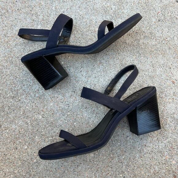 90s Vintage Nine West Dark Blue Chunky Stacked Heel Strapped Heels Size 8 - Picture 2 of 14